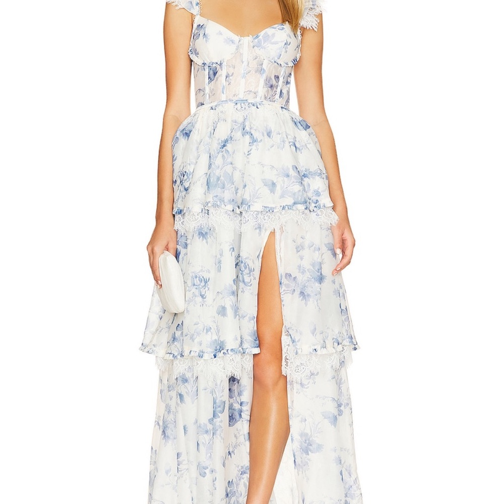V. Chapman White Jolie Gown in Provençal Blue Floral Lace Tiered Maxi Dress